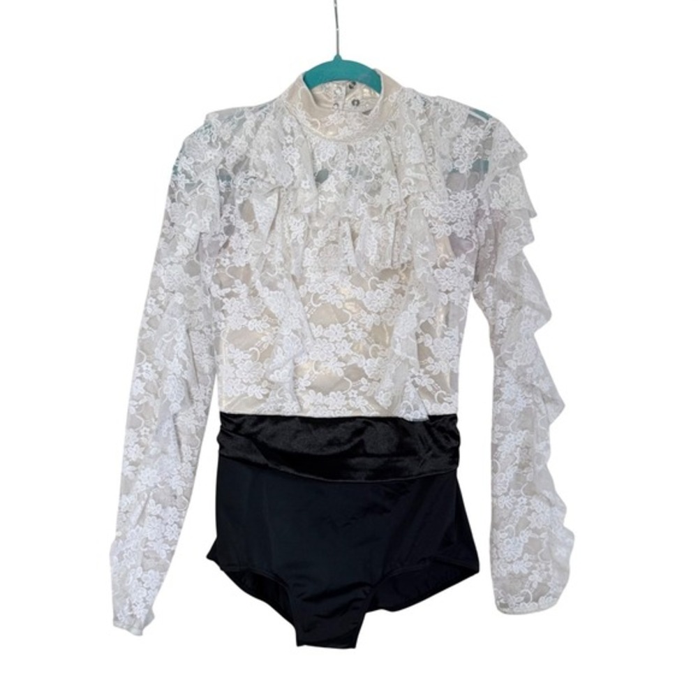 Weissman White Floral Lace Ruffle Dance Leotard Keyhole Back LA SL10547 Large